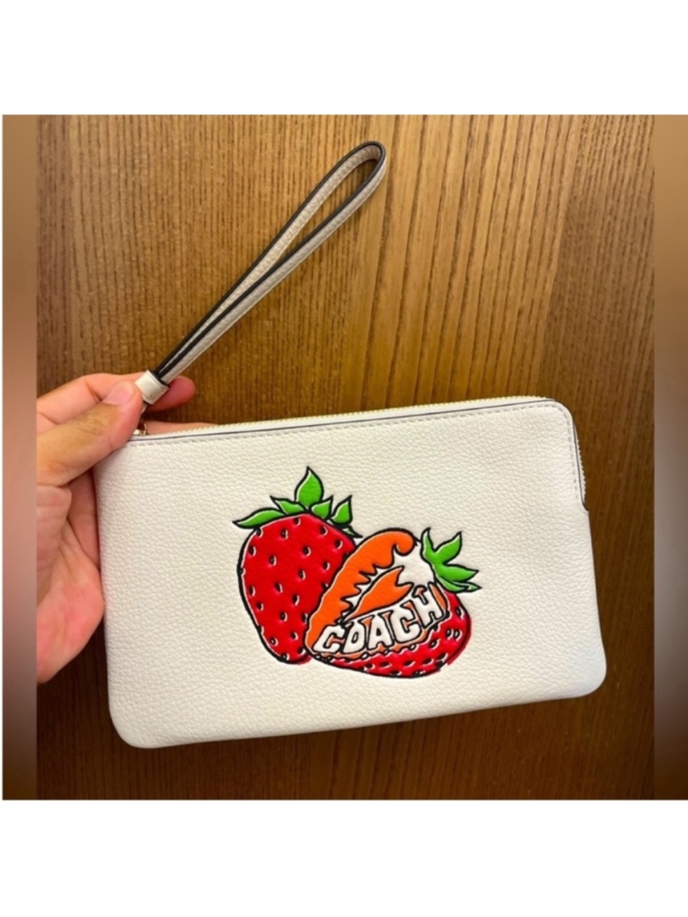 Coach Large Corner Zip Wristlet With Strawberry Graphic